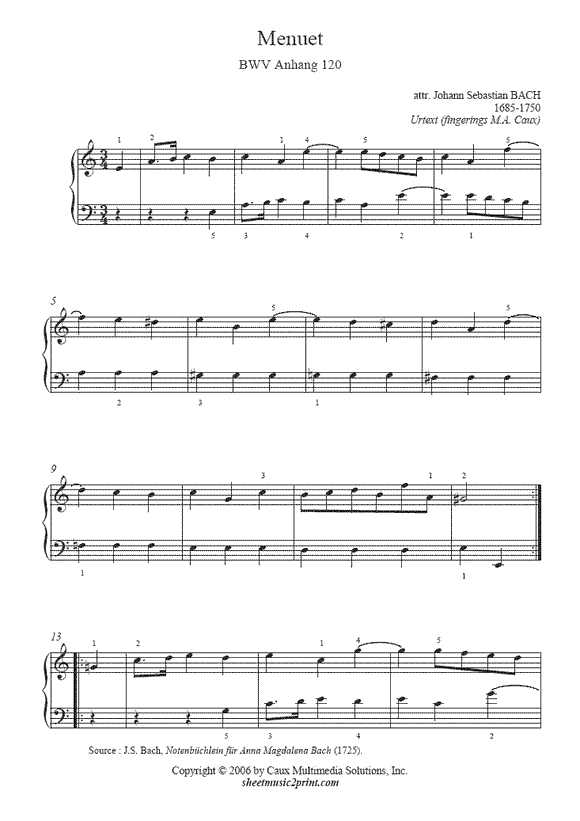 Bach : Menuet BWV Anhang 120 -- Urtext