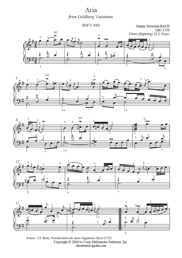 Goldberg Aria in G Major, BWV 988 -- Urtext