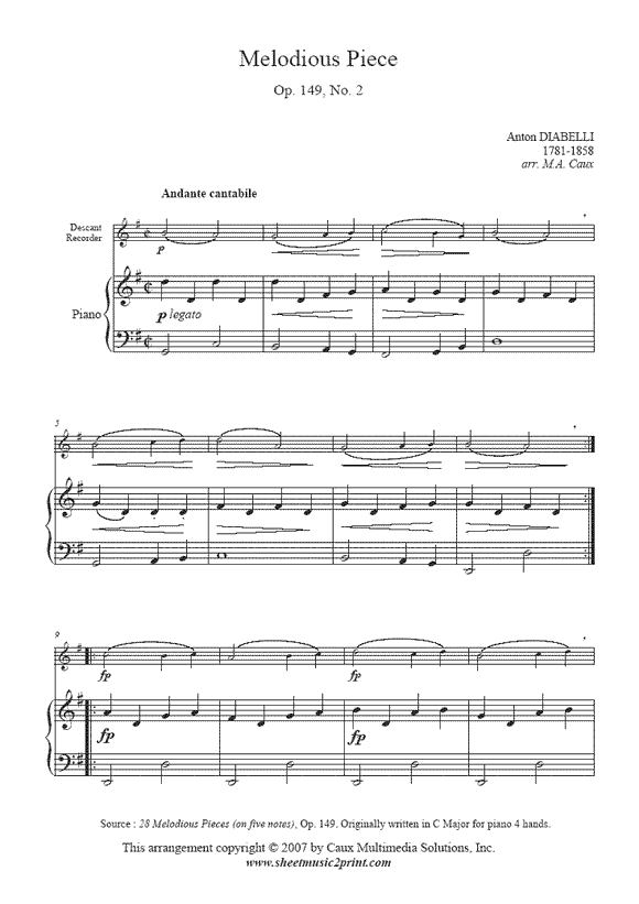 Diabelli : Melodious Piece Op. 149, No. 2 - Descant Recorder