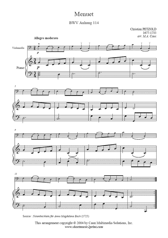 Petzold : Menuet BWV Anhang 114 for Cello