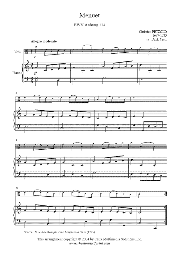 Petzold : Menuet BWV Anhang 114 - Viola