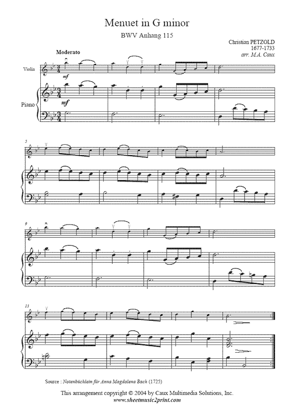 Petzold : Menuet BWV Anhang 115 - Violin