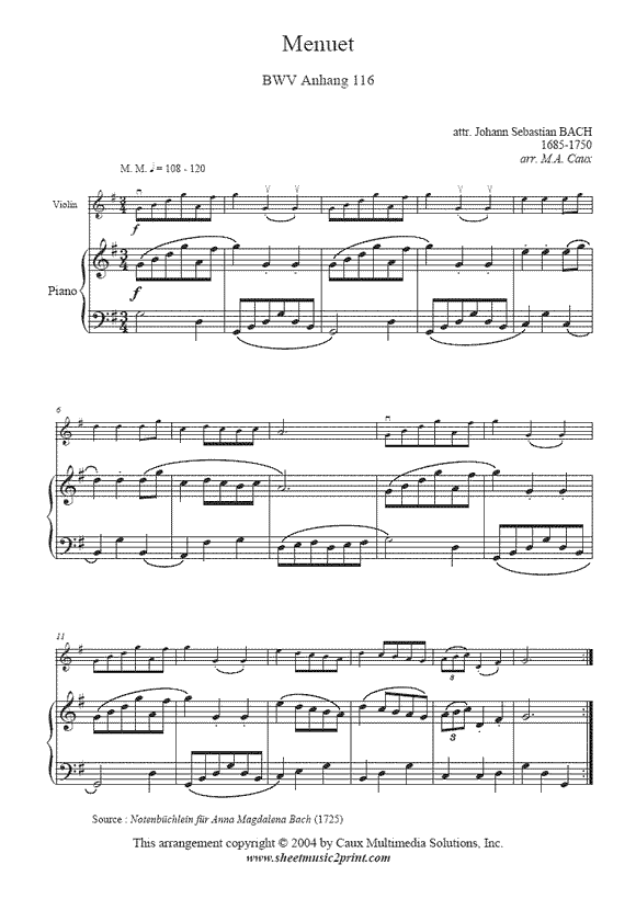 Bach : Menuet BWV Anhang 116 - Violin