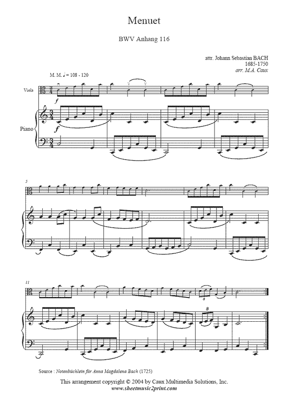 Bach : Menuet BWV Anhang 116 - Viola