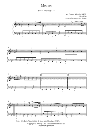 Menuet in B flat Major, BWV Anhang 118 -- Urtext
