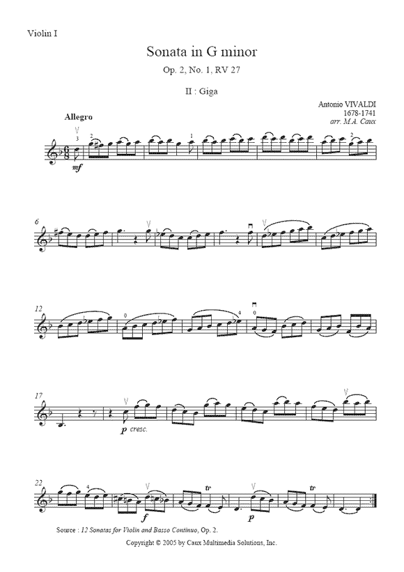 Vivaldi : Sonata RV 27, Op. 2, No. 1 (Giga) - Violin Duet