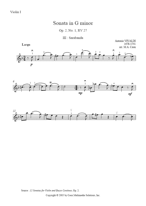Vivaldi : Sonata RV 27, Op. 2, No. 1 (Sarabanda) - Violin Duet