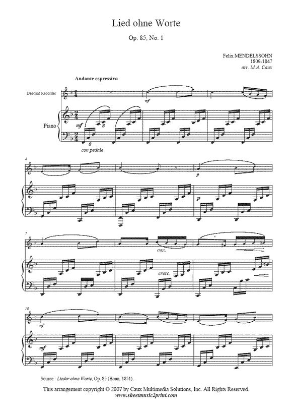 Mendelssohn : Song Without Words, Op. 85, No. 1 - DescantRecorde
