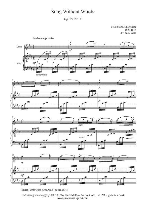 Mendelssohn : Song Without Words, Op. 85, No. 1 - Violin