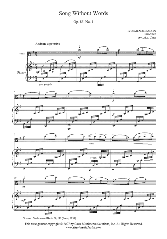 Mendelssohn : Song Without Words, Op. 85, No. 1 - Viola
